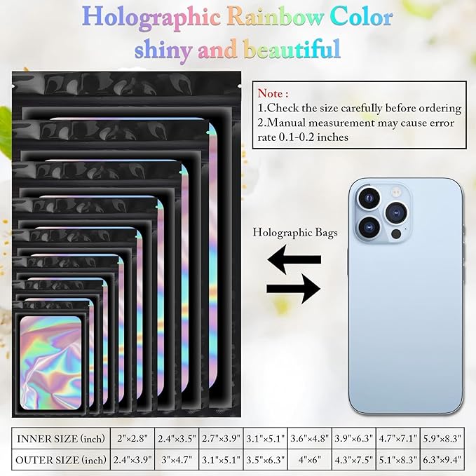 100 Pieces Smell Proof Mylar Bags, Holographic Packaging Bags, Resealable Odor Foil Pouch Zipper Bag with Clear Window for Food Storage and Lipgloss, Jewelry Lash (Black, 4 x 6 Inch)-BrightBean Baby