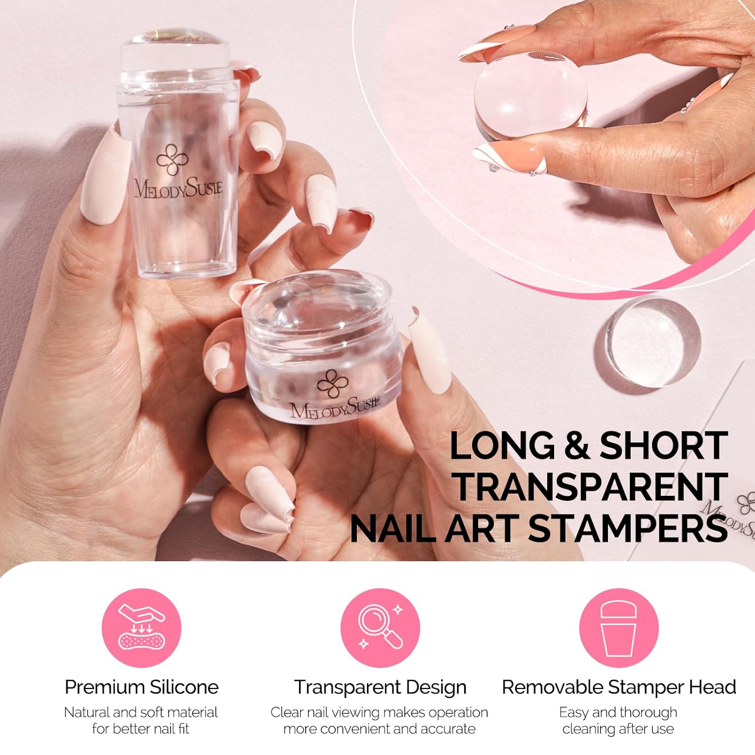 MelodySusie French Nail Stamper Kit, Silicone Stampers with Scrapers, 4PCS DIY Home Nail Design Salon, Clear-BrightBean Baby