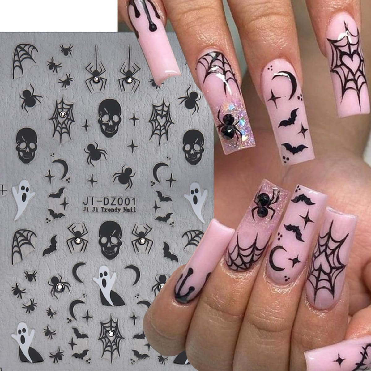 6Sheets Halloween Nail Stickers for Nail Art,3D Self-Adhesive Cute Ghost Spider Web Nail Decals with Rhinestones Design,Pink Pumpkin Spiders Skull Nail Art Stickers for Women Girls DIY Nail Decoration-BrightBean Baby