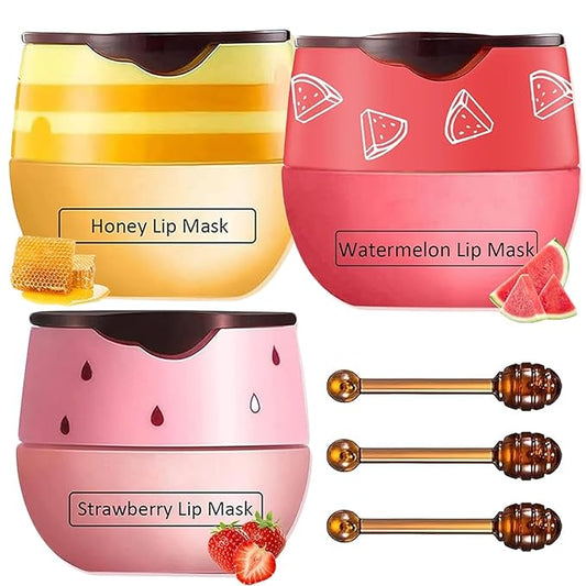 3 PCS Bee Lip Balm Honey Pot, Honey&Strawberry&Watermelon Lip Sleeping Mask Hydrating Prevention Dry and Cracked Lip Scrubs Exfoliator Lip Care, Overnight Lip Mask Reduces Lip Lines-BrightBean Baby