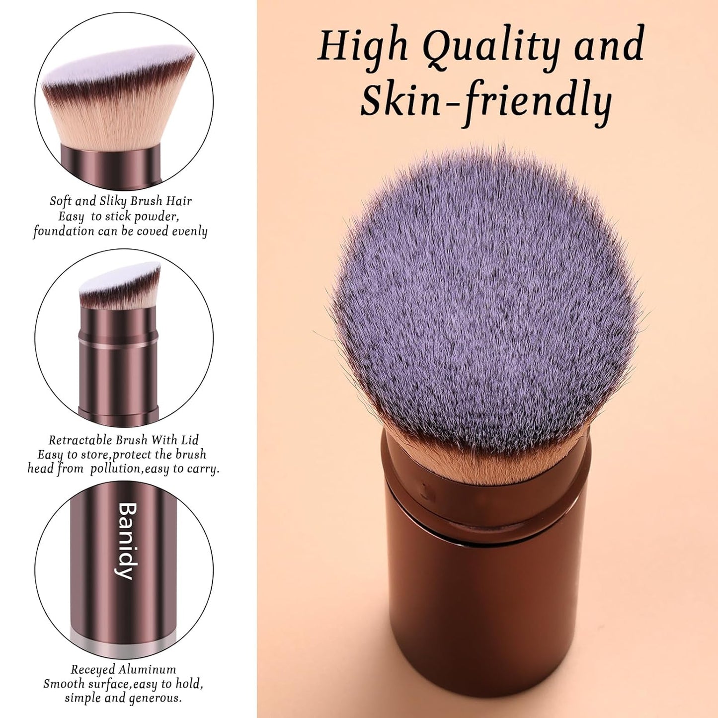 Makeup Brush Kabuki Face Brushes Retractable Travel Blush Kabuki Brush Portable Flawless for Foundation, Powder Blush, Bronzer, Buffing, Liquid, Cream, Cruelty Free with Cover(Brown)-BrightBean Baby
