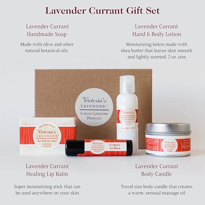 Victoria's Lavender Natural Body Products Gift Set - Handmade Soap, Hand & Body Lotion, Lip Balm, Body Candle Skin Care Sets & Kits, Lavender Bath and Body Products for Women, Lavender Currant-BrightBean Baby