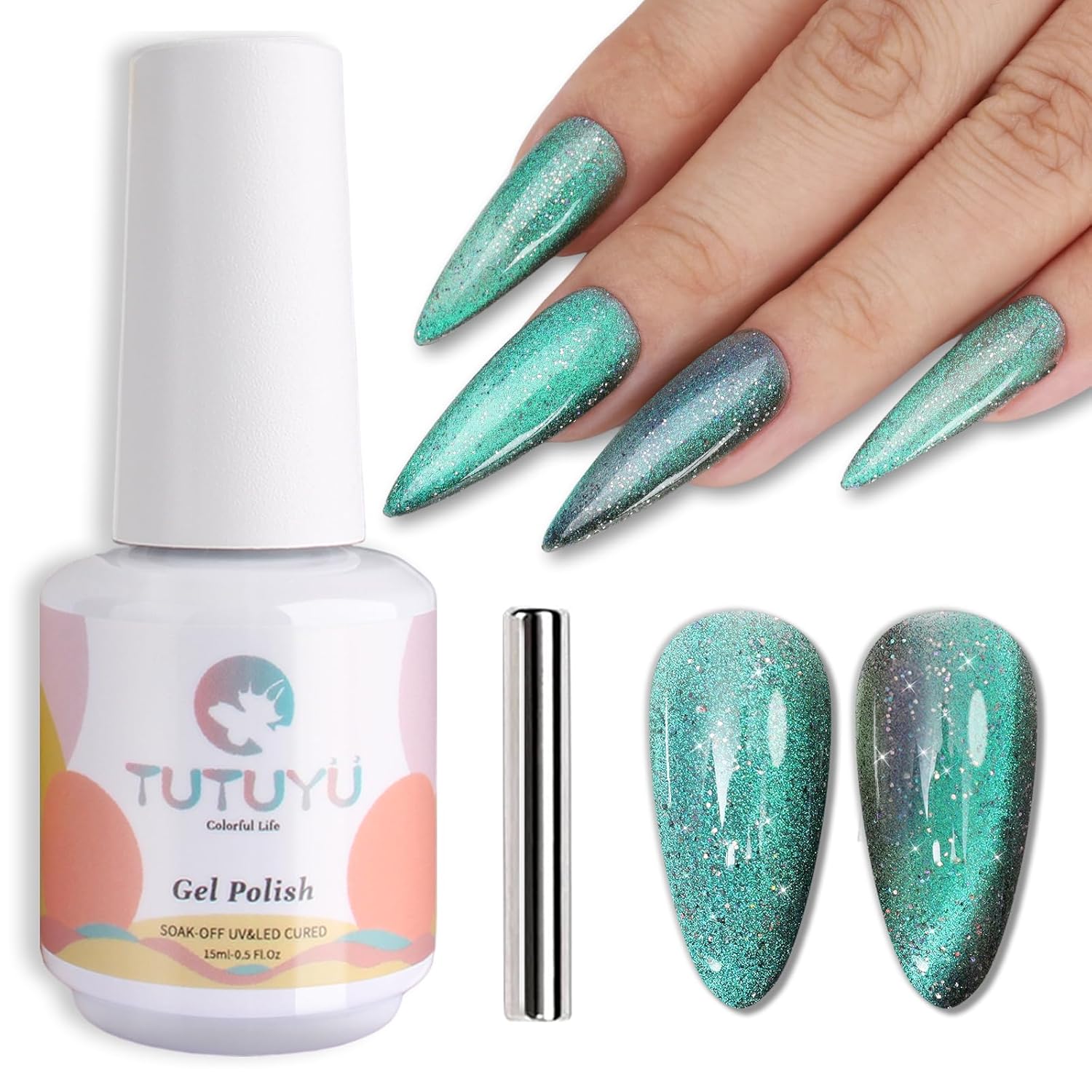 Aurora Green Cat Eye Gel Nail Polish,Iridescent Quicksand Galaxy Holographic Cateye Green Gel Polish with Magnet, Shimmer Velvet Soak Off Uv Led Home Diy Manicure GP0103-BrightBean Baby