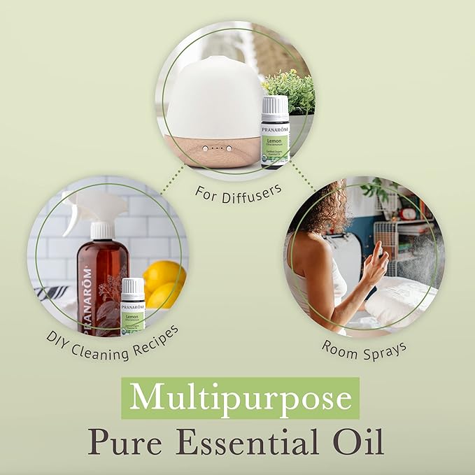 Pranarom USDA Certified Organic Lemon Essential Oil (5ml), 100% Pure Undiluted Therapeutic Grade from Argentina for Aromatherapy, Diffuser, DIY, Cleaning, Fresh Lemon Scent-BrightBean Baby