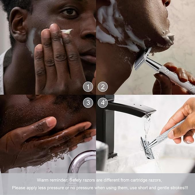 Double Edge Safety Razor with Stand, Single Blade Razors for Men and Women, Metal 1 Blade Razor, with 10 Platinum Coated Stainless Steel Double Edge Blades, Smooth and Close Shave, Silver-BrightBean Baby