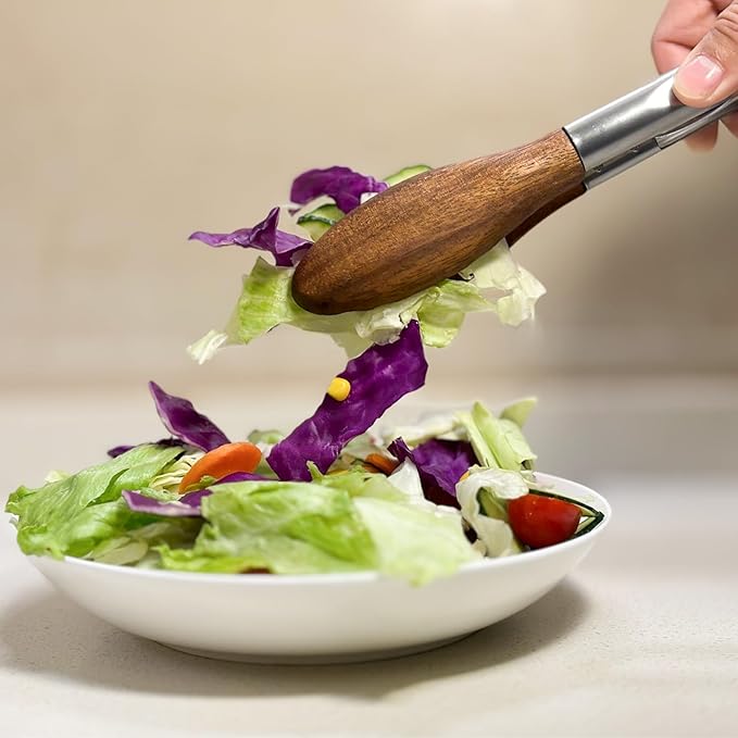 H&Zebrabro Food Tongs with Wood Tip, Salad Tong for Cooking, Serving, Grill, Kitchen Tongs Stainless Steel Handle, Kitchen Tools Set (Large)