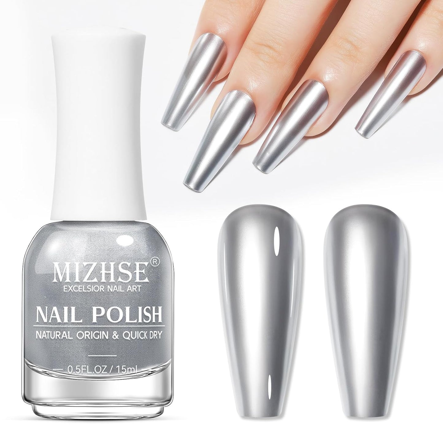 MIZHSE Silver Mirror Nail Polish, Quick Dry Metallic Nail Polish, Air Dry Fast Chrome Nail Lacquer Bright Color Oil-based Nail Art Manicure Home DIY-BrightBean Baby