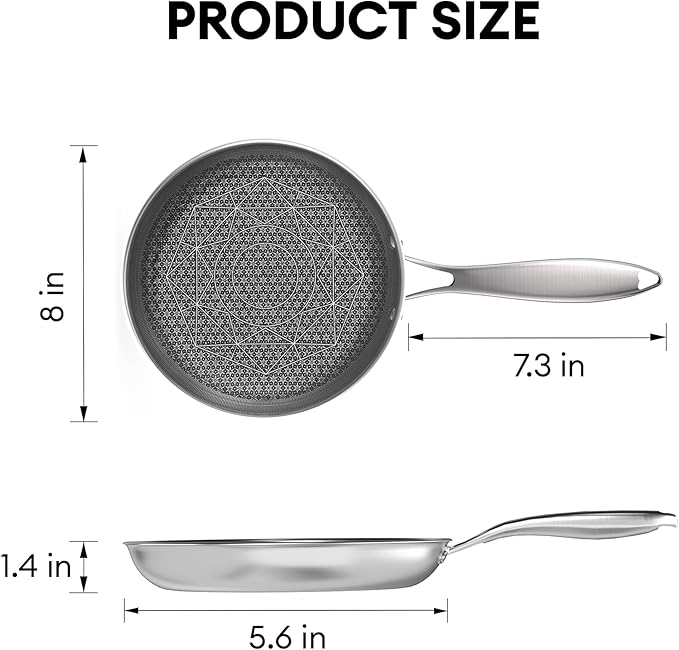 COOKING KING 8 Inch Stainless Steel Pan - Hybrid Nonstick Frying Pan Skillet