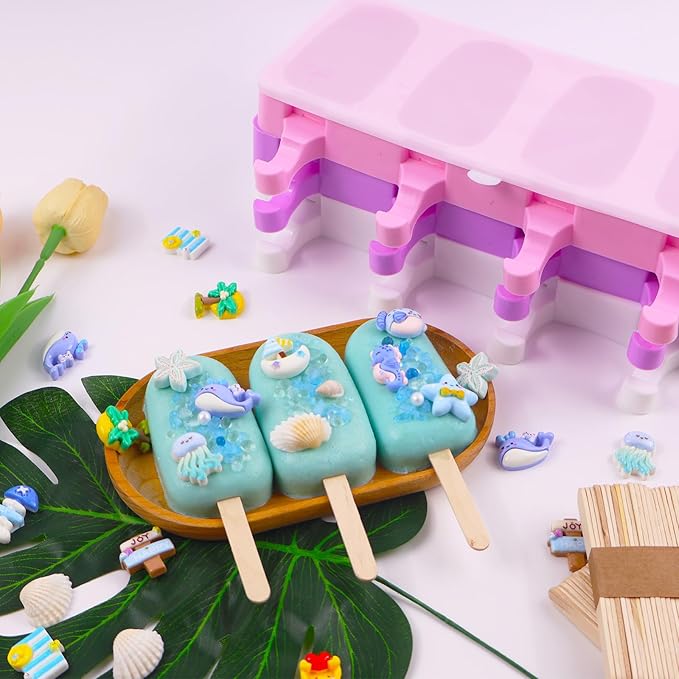 3pcs Large Silicone Popsicle Molds with Lids,4 Cavities Cake Pop Molds,Oval Ice Cream Bar Mold Ice Pop Cakesicle Molds Silicone with 100 Wooden Sticks & 100 Bags &100 Twist Ties(Pink)