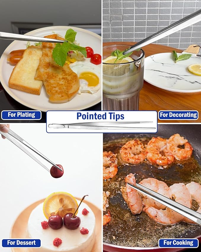 JETKONG 4 Pcs Kitchen Tweezers, 12'' and 10'' Stainless Steel Cooking Tweezers Set, High-Precision Tweezer Tongs for Cooking, Repairing, Seafood and BBQ (Silver)