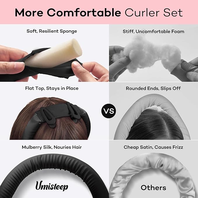 Umisleep 22 Momme 100% Mulberry Silk Heatless Hair Curler Set — Frizz-Free Hair Rollers for Women Long Hair, Overnight Heatless Curls, Upgraded Soft Flat Design with Clips & Scrunchies, Black-BrightBean Baby