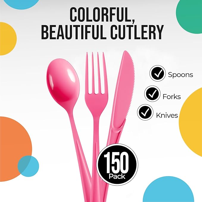 Party Solids Hot Pink Plastic Silverware Heavy Duty 150 Pieces Hot Pink Plastic Cutlery Sets, Utensil Sets, 50 Of Each Forks, Knives & Spoons Disposable Cutlery Set, Flatware Set For Party Supplies