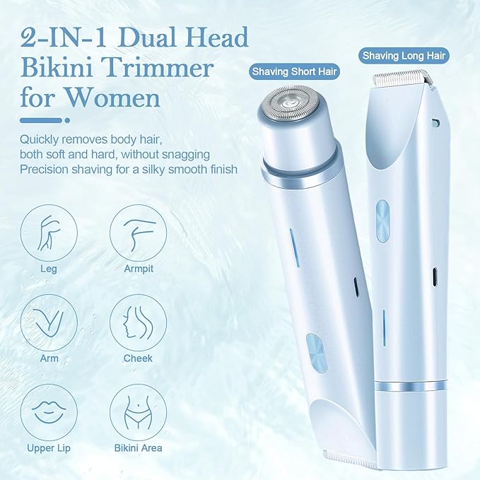 Dermave Bikini Shaver 2.0, 2025 New Glow Aura Bikini Trimmer for Women, 2 in 1 Dual Head Electric Razors for Women, IPX7 Waterproof Wet & Dry Electric Shaver, Rechargeable Portable Body Shaver (Blue)-BrightBean Baby