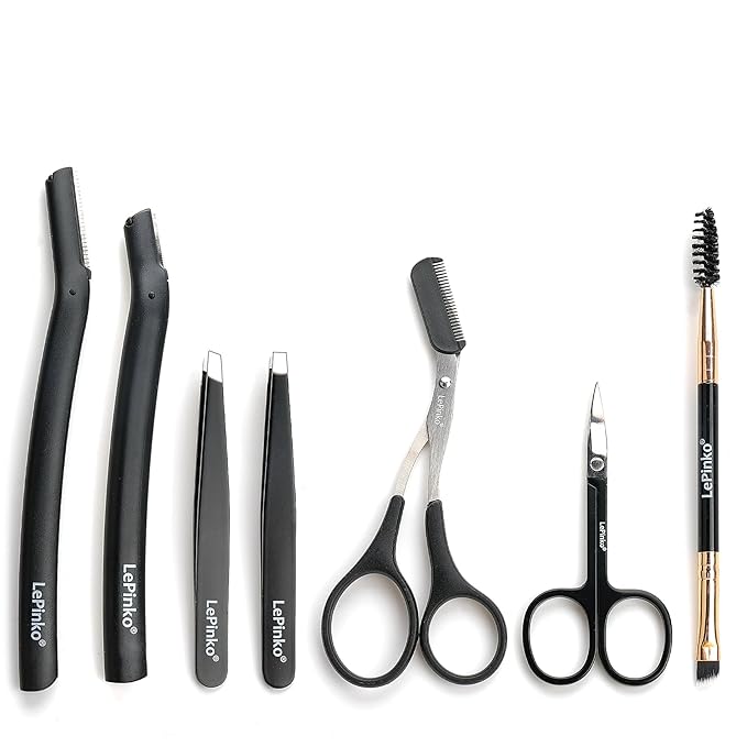 Eyebrow Trimmer Kit, 7 in 1 Eyebrow Scissors, Tweezer, Razor, Gromming Scissors Brush for Women Men, Gifts for Stocking Stuffers - Black-BrightBean Baby