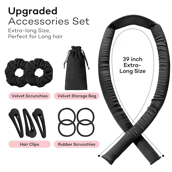 Umisleep 22 Momme 100% Mulberry Silk Heatless Hair Curler Set — Frizz-Free Hair Rollers for Women Long Hair, Overnight Heatless Curls, Upgraded Soft Flat Design with Clips & Scrunchies, Black-BrightBean Baby