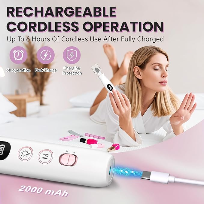 Electric Nail Drill, Cordless 2000 mAh Rechargeable Portable Nail File 12 in 1 Kit for Thick Toenails, 10 Speeds Nail Dril Machine Professional Manicure Pedicure for Hand Natural Nails Care (White)-BrightBean Baby