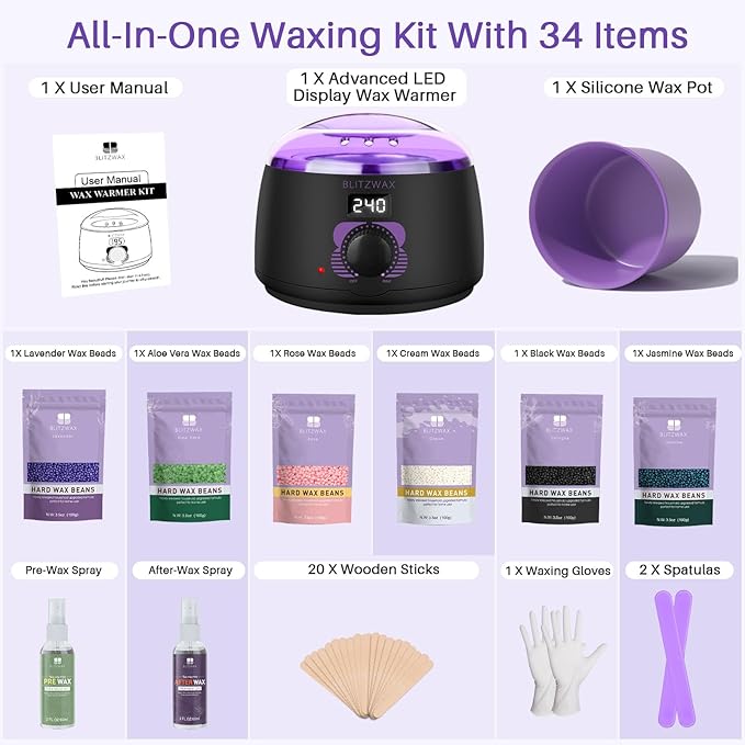 BLITZWAX Brazilian and Bikini Waxing Kit for Women, Hard Wax Warmer for Face, Legs and Body, At Home Hair Removal Kit, Beginner Friendly, Fast Heating, 51 Accessories, 6 Types Wax Bean Formula-BrightBean Baby