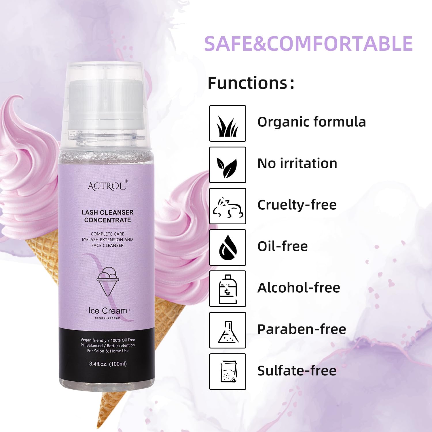 Eyelash Shampoo Concentrate 100ml Lash Extensions Cleanser Concentrate Ice-cream Foaming Shampoo Paraben & Sulfate Free Wash for Extensions Lashes with Salon Home Care-Makes 60ml Bottles-BrightBean Baby