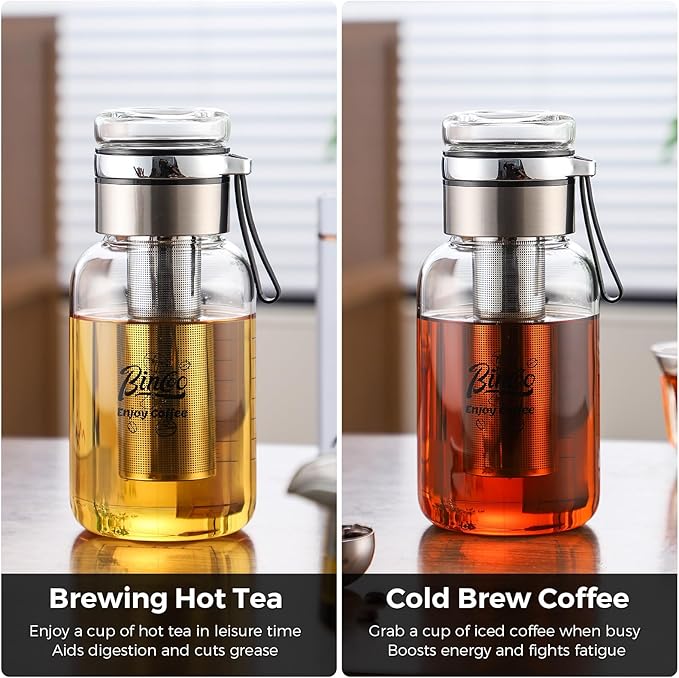 Glass Cold Brew Coffee Maker with Extended Fine Mesh Filter, Tea Infuser Bottle Iced Coffee Maker with Thick Borosilicate Glass (750ml/24oz)