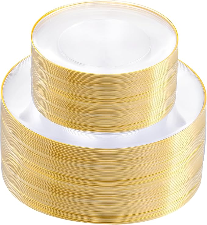 bUCLA 100PCS Clear and Gold Plastic Plates - Clear Disposable With Gold Rim Include 50 Each (10 inch Dinner & 7 inch Dessert) Plates, Ideal for Party & Thanksgiving