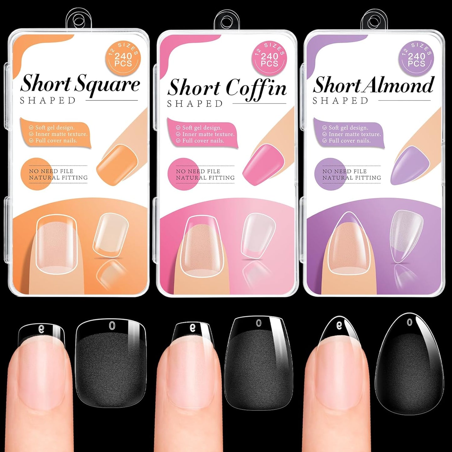 krofaue 3 Styles Short Nail Tips Kit - 720PCS Half Matte Coffin, Almond, Square Fake Nails Full Cover Press on Extension for Soft Gel Tips Set Art DIY Home-BrightBean Baby