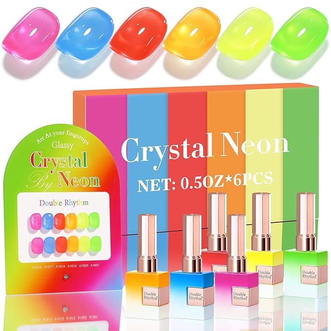 Double Rhythm 6 Pcs 15 ML Gel Polish Set Same Color Same Bottle Soak Off Gel Polish Kit Nail Art Manicure Salon DIY at Home for Women (Jelly Neon Pink Blue Red Green-T6-26)-BrightBean Baby