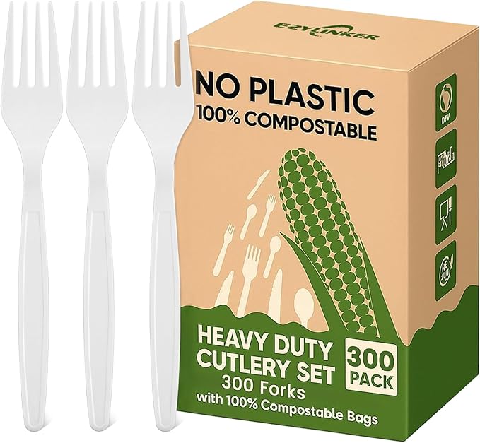 Heavy Duty Compostable Forks (300Pack), Eco-Friendly Heavyweight No-Plastic Fork - 100% Disposable Forks Cornstarch Flatware for Lounge Party Wedding BBQ Picnic Camping