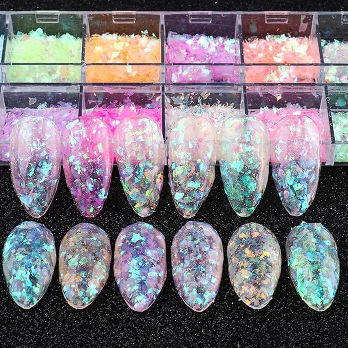 12 Colors Holographic Nail Art Glitter Sequins Iridescent Ice Slag Nail Glitter Laser Nail Art Flakes Colored Fluorescent Glass Paper Nail Sticker Decoration for Face Hand Body Make-Up DIY-BrightBean Baby