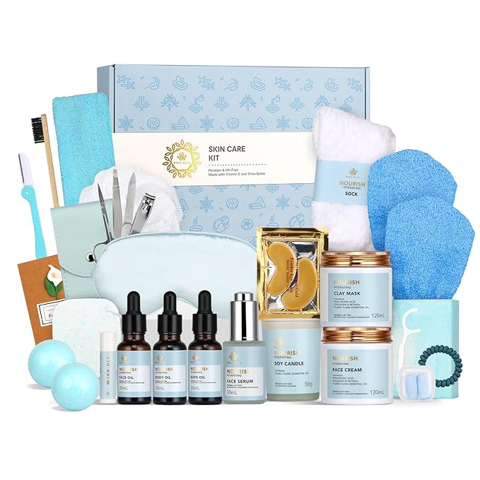 Spa Gift Set, 28pcs Ylang Facial Skin Care Set includes Face Cream, Bath Oil, Serum, Shower Accessories, Clay Mask. Bath & Body Set, Body & Facial Kit for Women & Men, Birthday, Christmas, Dad, Mom-BrightBean Baby