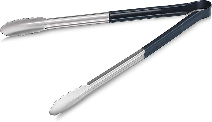 New Star Foodservice 35803 16-Inch Utility Spring Tongs, Stainless Steel, Vinyl Coated, Set of 12, Blue