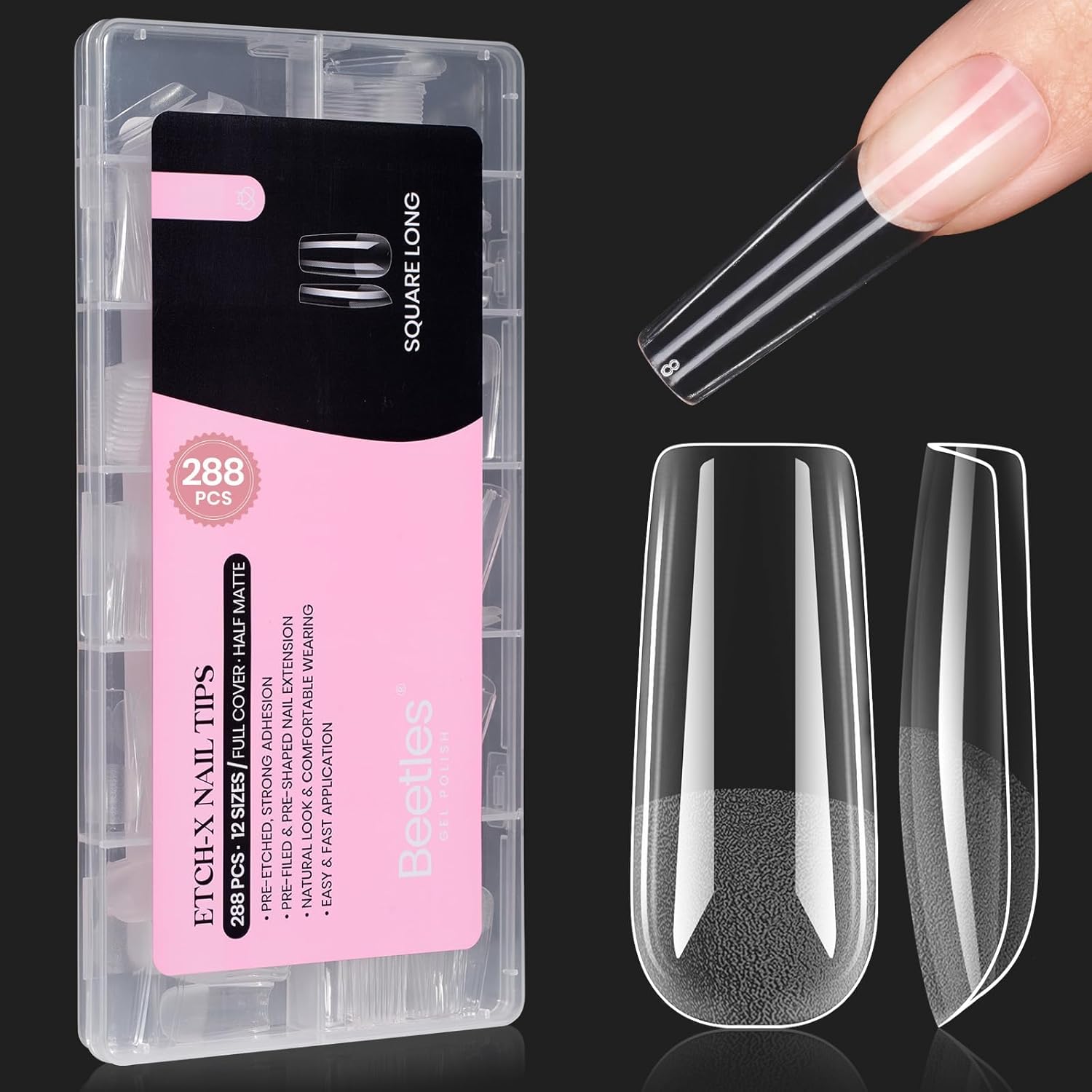 Beetles Gel Nail Tips Long Square 10 Sizes, 288Pcs Pre Shaped Half Matte Press On Nails Gelly Tips False Nails for Gel Nail DIY Art Nail Extensions Acrylic Nails Gift-BrightBean Baby