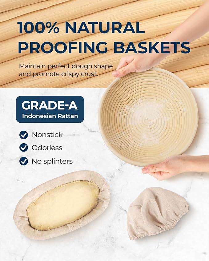 Banneton Proofing Basket Set of 2, 10 Inch Round & Oval Cane Bread Proofing Baskets with Sourdough Bread Baking Supplies, Bread Making Kit