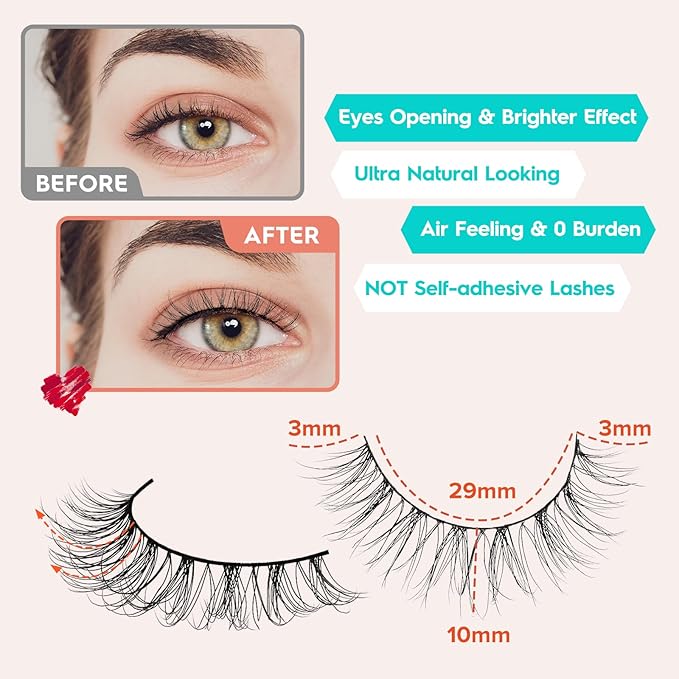 Natural Lashes Wispy False Eyelashes 10mm Short Lashes 3D Volume Strip Lashes Fake Eyelashes Siligli Lashes Thin Band Curly Eye Lashes Pack 10 pair-BrightBean Baby