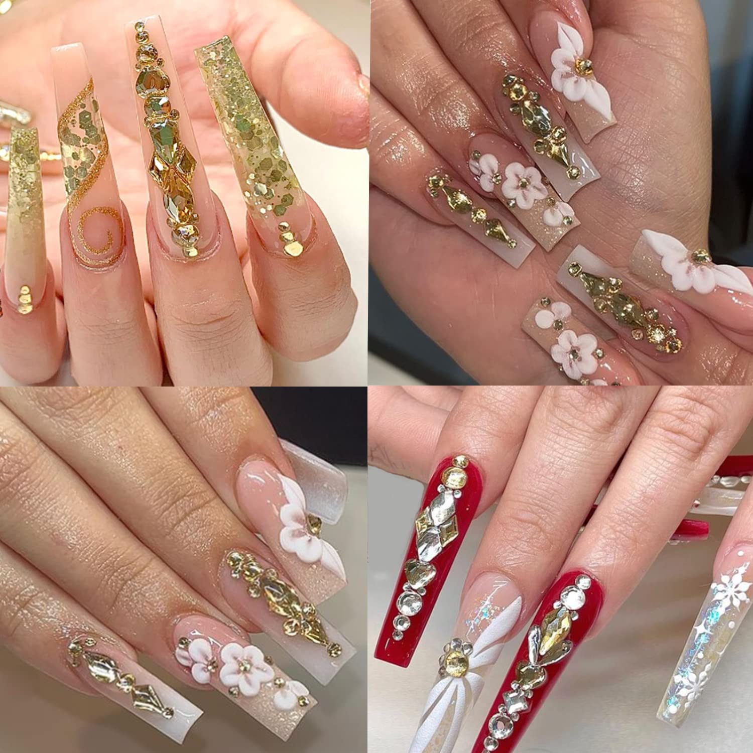 HNUIX Nail Rhinestones - 3D Multi Shape Size Crystal, Champagne Gold Nail Gems, Flat Back, with Kit, for Nail Art, DIY Decorations-BrightBean Baby