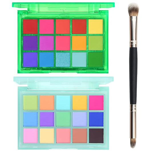 UCANBE Colorful Eyeshadow Palette Makeup Set, 2pcs 15 Shades Matte Shimmer Vibrant Neon Rainbow Pastel Eye Shadow Pallet with Soft Double Ended Brush, Summer Vibe Pigmented Blendable Eye Make Up Kit-BrightBean Baby