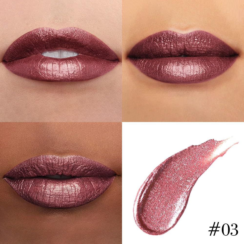Kaely 2-in-1 Dark Wine Red Metallic Lipstick and Lip Liner, Shimmer Liquid Metallic Lipsticks for Women, Glitter Lip Gloss Stain Long Lasting Waterproof Smudge Proof 24 Hour, Vegan Makeup, 03-BrightBean Baby