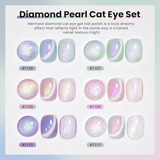 RARJSM Sparkle Diamond Pearl Cat Eye Gel Nail Polish Set 6pcs Velvet Silver Shimmer Pink Green Blue Purple White Glitter Mermaid Swirl Shell Thread Effect with Magnet Stick UV LED Curing Requires-BrightBean Baby