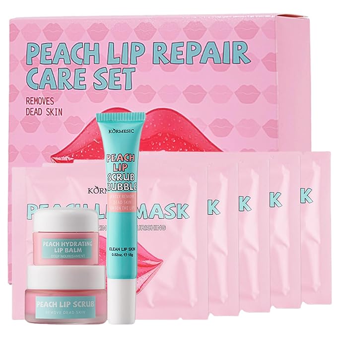4 In 1 Peach Lip Care Kit With Lip Exfoliator Scrub And Moisturizer, Peach Scrub Bubble, Hydrating Lip Mask, Lip Scrubs Gentle Exfoliating, Instant Moisturizing, Lip Balm Hydrating For Very Dry Lips-BrightBean Baby