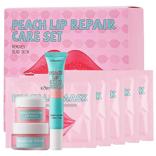 4 In 1 Peach Lip Care Kit With Lip Exfoliator Scrub And Moisturizer, Peach Scrub Bubble, Hydrating Lip Mask, Lip Scrubs Gentle Exfoliating, Instant Moisturizing, Lip Balm Hydrating For Very Dry Lips-BrightBean Baby