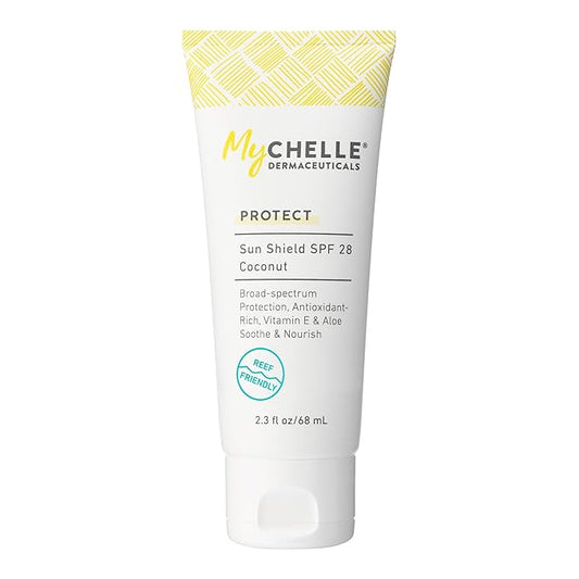 MyCHELLE Dermaceuticals Sun Shield SPF 28 Coconut (2.3 Fl Oz) - Soothing Reef Safe Sunscreen with Vitamin E and Aloe - Travel Size Zinc Sunscreen for Face and Body-BrightBean Baby