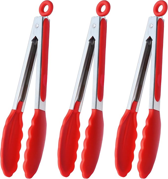 Silicone Cooking Tongs 9-Inch Serving Tongs, Set of 3 (Red)