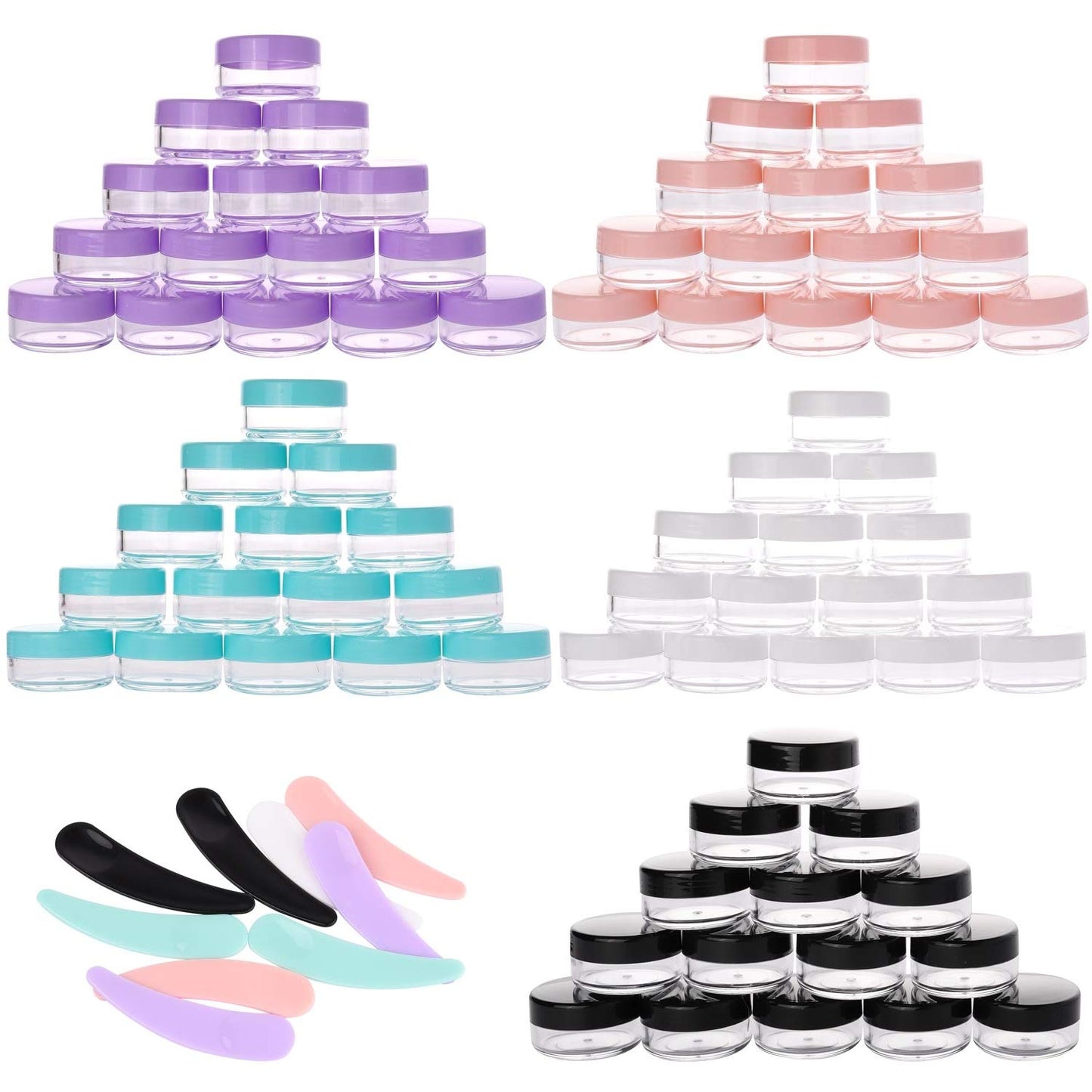 Refillable Cosmetic Sample Jars - 100 Pack 10g (0.35oz) Multi Color Small Travel Containers with Lids + 10 Mini Makeup Spatulas - BPA Free-BrightBean Baby