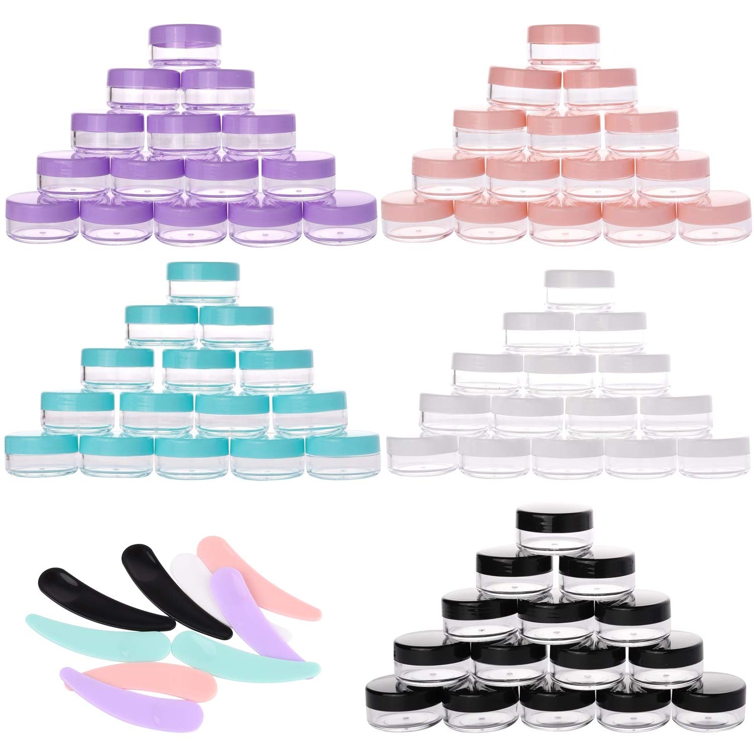 Refillable Cosmetic Sample Jars - 100 Pack 10g (0.35oz) Multi Color Small Travel Containers with Lids + 10 Mini Makeup Spatulas - BPA Free-BrightBean Baby