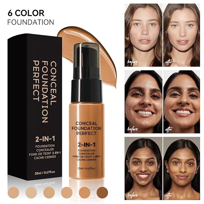 6 Colors Liquid Foundation Long-Lasting,Poreless Liquid Oil Concealer Foundation For All Skin Type,Waterproof & Sweat-Proof,Easy To Push Away,Flawless Finish Foundation,Balanced Skin Color-BrightBean Baby