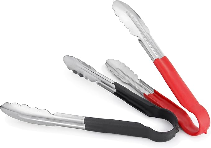 New Star Foodservice 35841 9-Inch Utility Spring Tongs, Stainless Steel, Vinyl Coated, Set of 12, Black