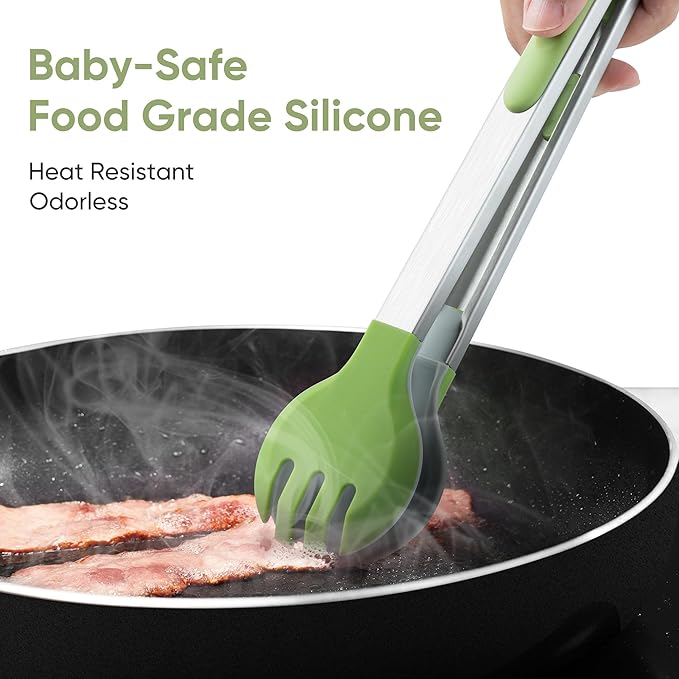 12 Inch Cooking Tongs, 2-in-1 Design with 0.5oz Measure Spoon, Stainless Steel Kitchen Tongs with Silicone Tips, Non-Stick Food Tongs for Cooking, Grilling, BBQ, Salad, Buffet, Serving (12", Green)