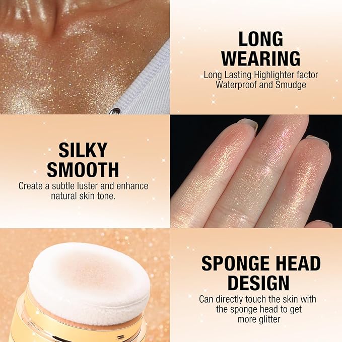 Glitter Body Highlighter Powder Body Shimmer Sparkle Face Brightening Highlighter Powder for Face Eyes Body Glow Makeup With sponge head（ Golden）-BrightBean Baby