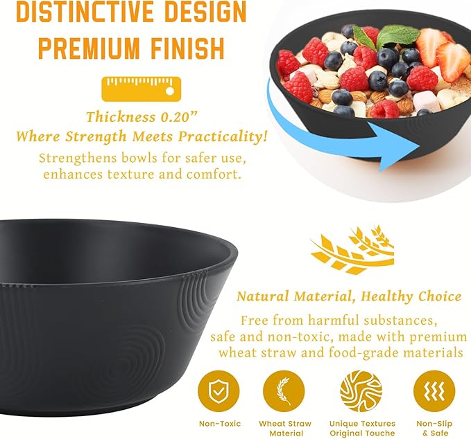 Homienly Cereal Bowl, Large Soup Bowl Set, Wheat Straw Bowl with Textured Design - 36oz Bowl Set, 6 PCS Microwave and Dishwasher Safe Bowls, Bowls for Kitchen, Serving Soup,Ramen,Pho,Salad - Black