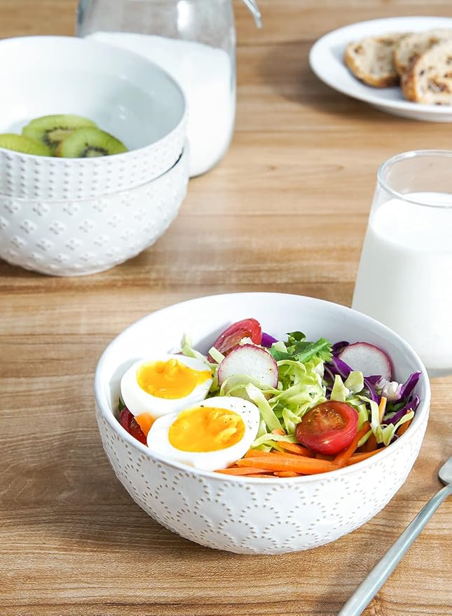 LE TAUCI Cereal bowls 26 oz, Ceramic Soup Bowl for Kitchen, Embossment Stoneware Bowl for Pho, Chip, Fruits, Salad, Noodle, Ramen, Suit For Housewarming - 6 Inch, Set of 4, Arctic white