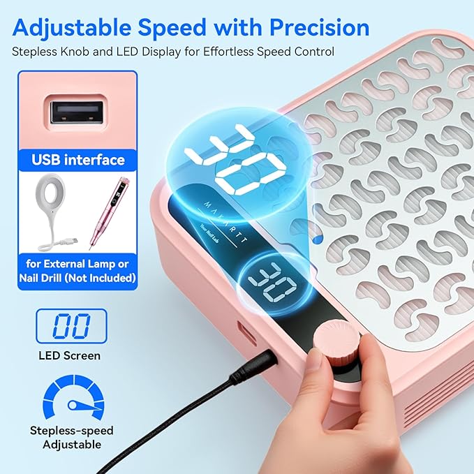Makartt Nail Dust Collector - Professional Powerful Suction Larina Vacuum Fan Dust Cleaner with LED Display, Adjustable Speed, Reusable Filter for Acrylic Nails Polishing Manicure Salon Home Pink-BrightBean Baby